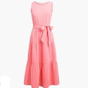 J. Crew Belted Gauze Midi Dress plus size curve pockets cotton coral pink bow